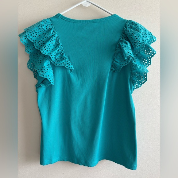 Chico’s Ribbed Eyelet Flutter Sleeve Tee Turquoise size M-L - Picture 5 of 11